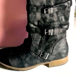 Black suede moto boot.